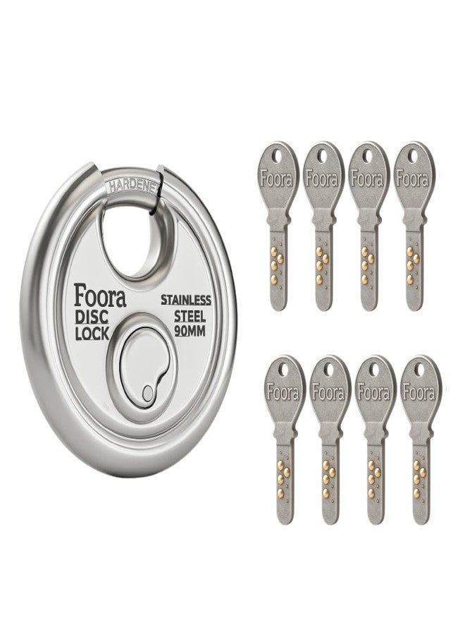 Foora Disc Lock, Stainless Steel, 90mm, Round Shape, Heavy Duty Security with 8 Keys, Silver - Image 1